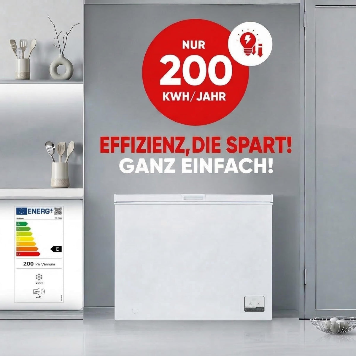GT300E Gefriertruhe 299L 41dB Dual Modus Kühlen und Gefrieren Drahtkorb 4 Sterne freistehend Energieklasse E