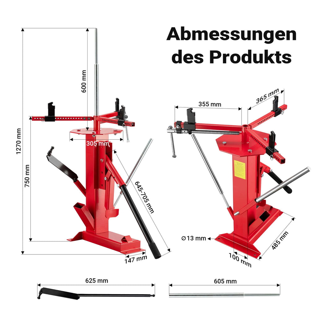 Universelles Reifenmontiergerät 4 bis 21 Zoll für Achsen Ø 12 bis 25 mm, Stahl, manuelle Montage und Demontage