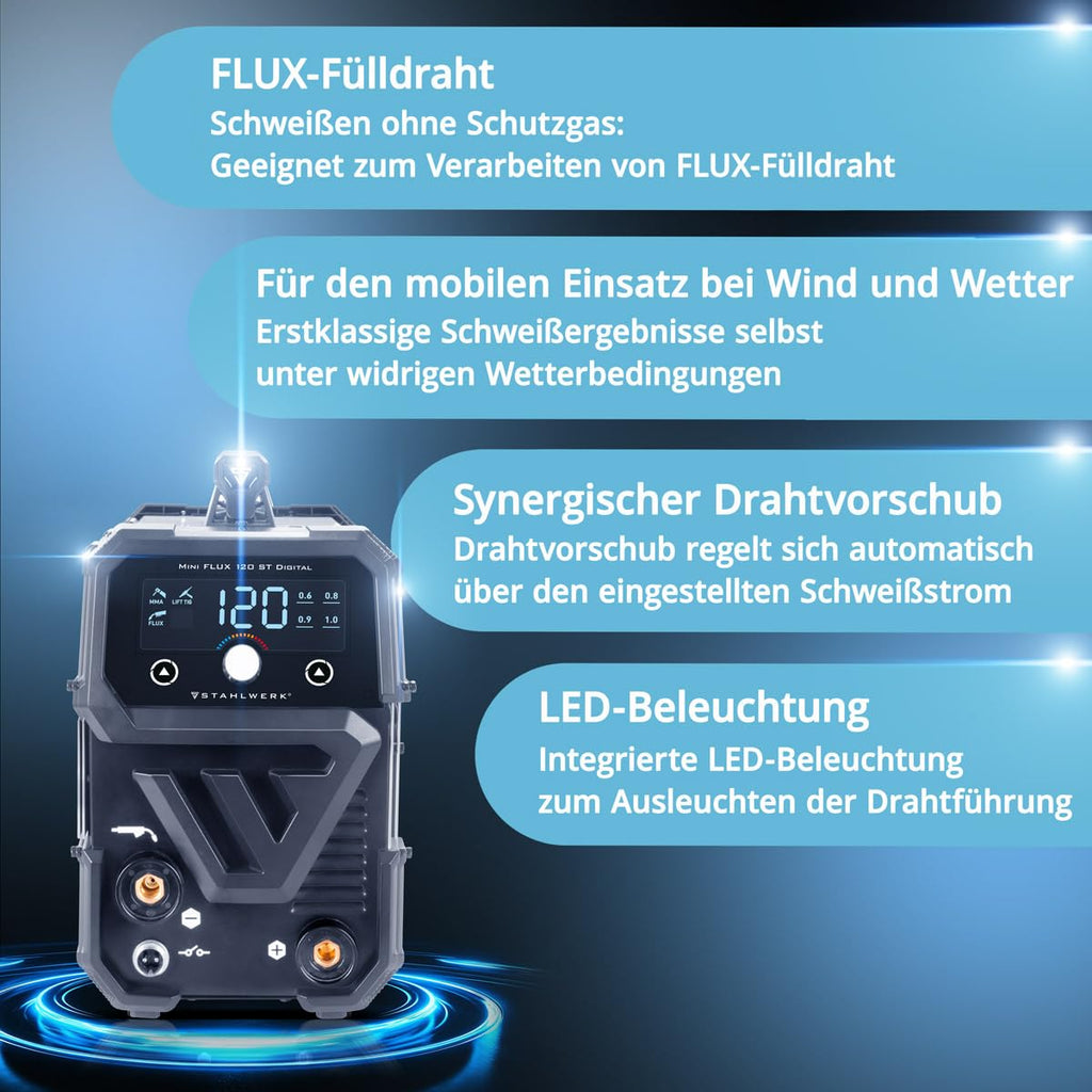 Mini FLUX 120 ST Digital Inverter Schweißgerät für gaslosen Fülldraht Vollausstattung bis 120 A