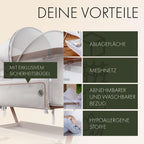 Beistellbett mit Rollen für Boxspringbett, 3 in 1 Stubenwagen und Reisebett höhenverstellbar, inkl Reisetasche