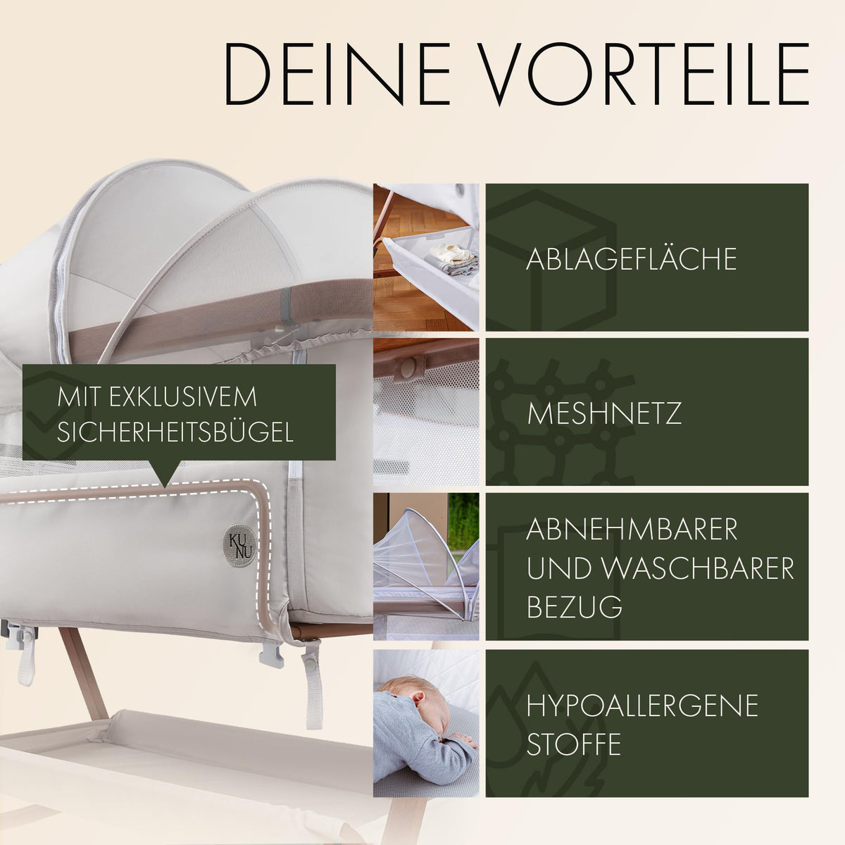 Beistellbett mit Rollen für Boxspringbett, 3 in 1 Stubenwagen und Reisebett höhenverstellbar, inkl Reisetasche