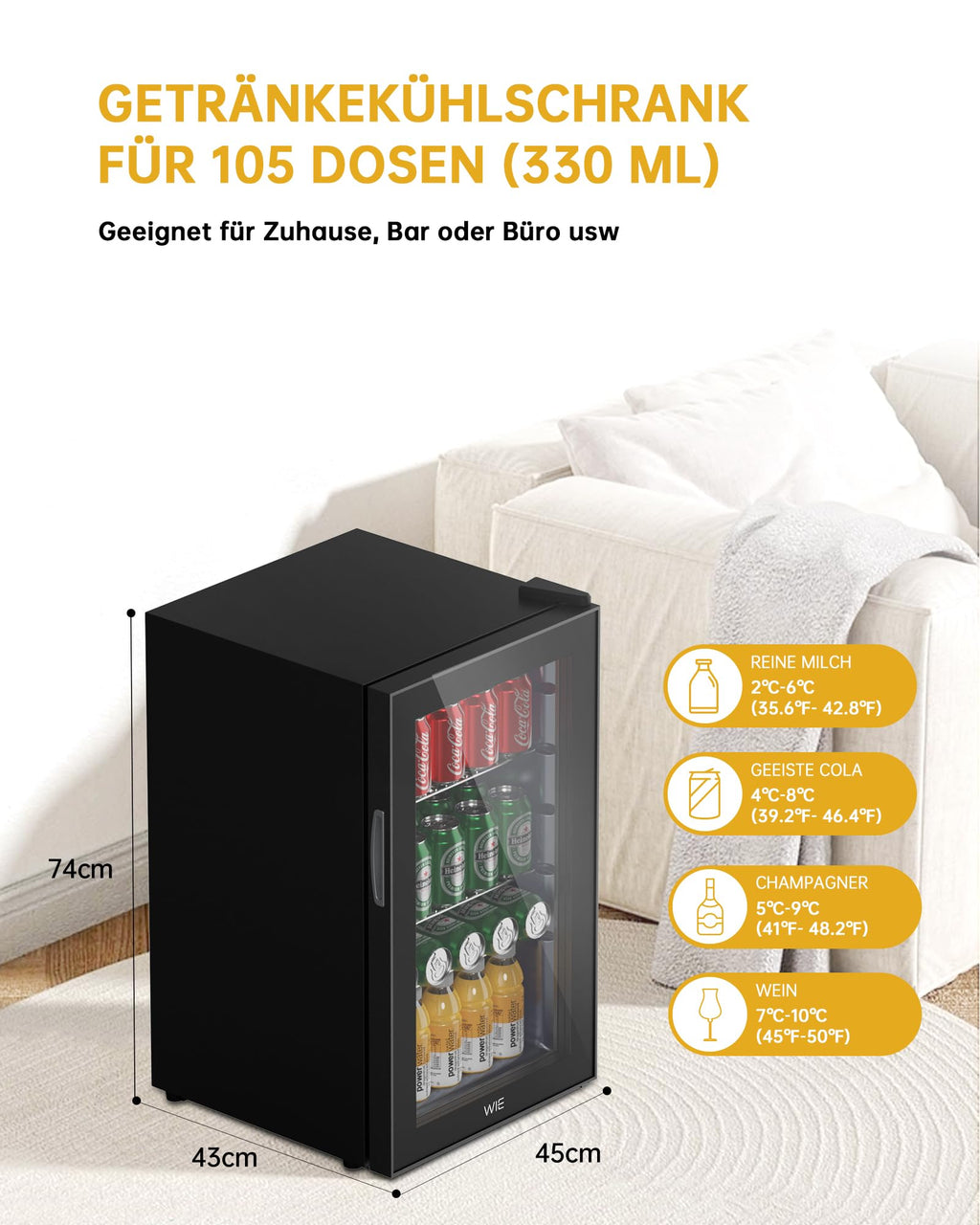 Mini Getränkekühlschrank 70L mit doppelter Glastür, verstellbaren Ablagen, leise, 105 Dosen für Küche Bar Büro