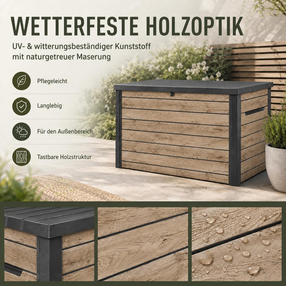 Gartenbox Ontario 870L 147x83x86 cm Kunststoff in Holzoptik Deckel mit Gasdruckfedern abschließbar