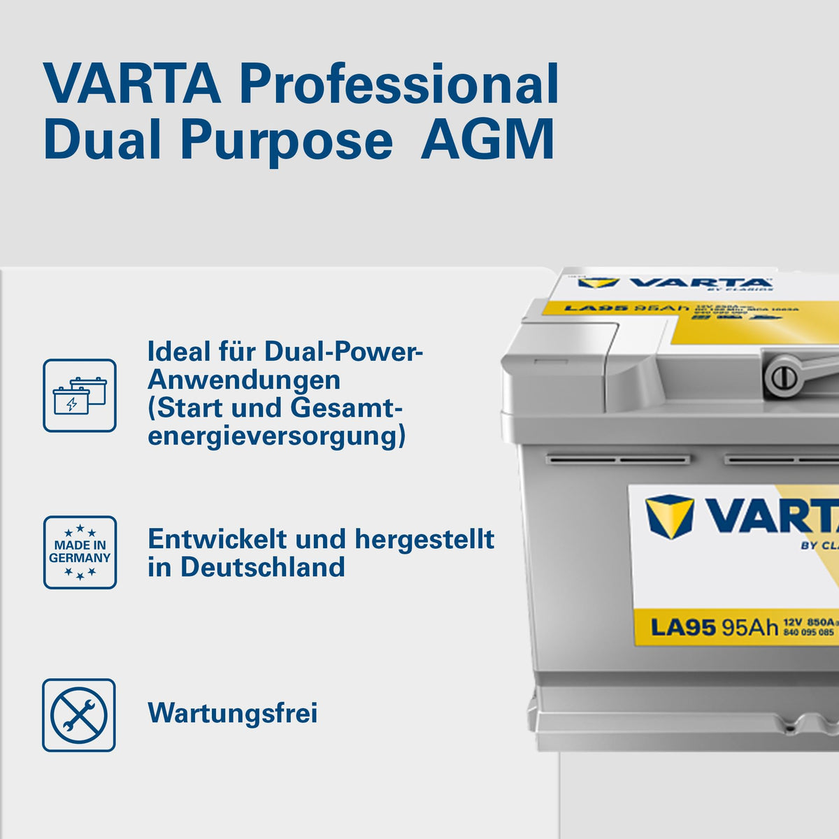 Professional Dual Purpose AGM Batterie LA95 12V 95Ah 850A, wartungsfrei, für Wohnmobile, Wohnwagen, Boote