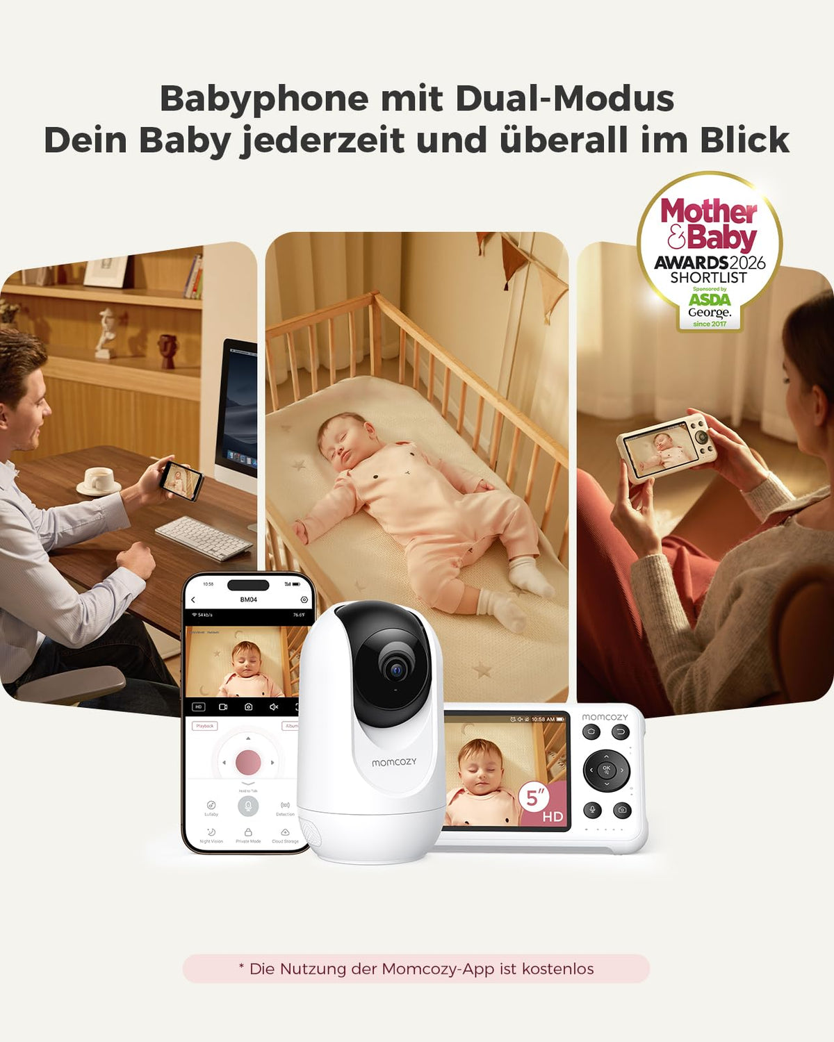 BM04 Babyphone mit Kamera 5 Zoll smart WLAN Baby Monitor mit Nachtsicht und Gegensprechen sowie Appsteuerung
