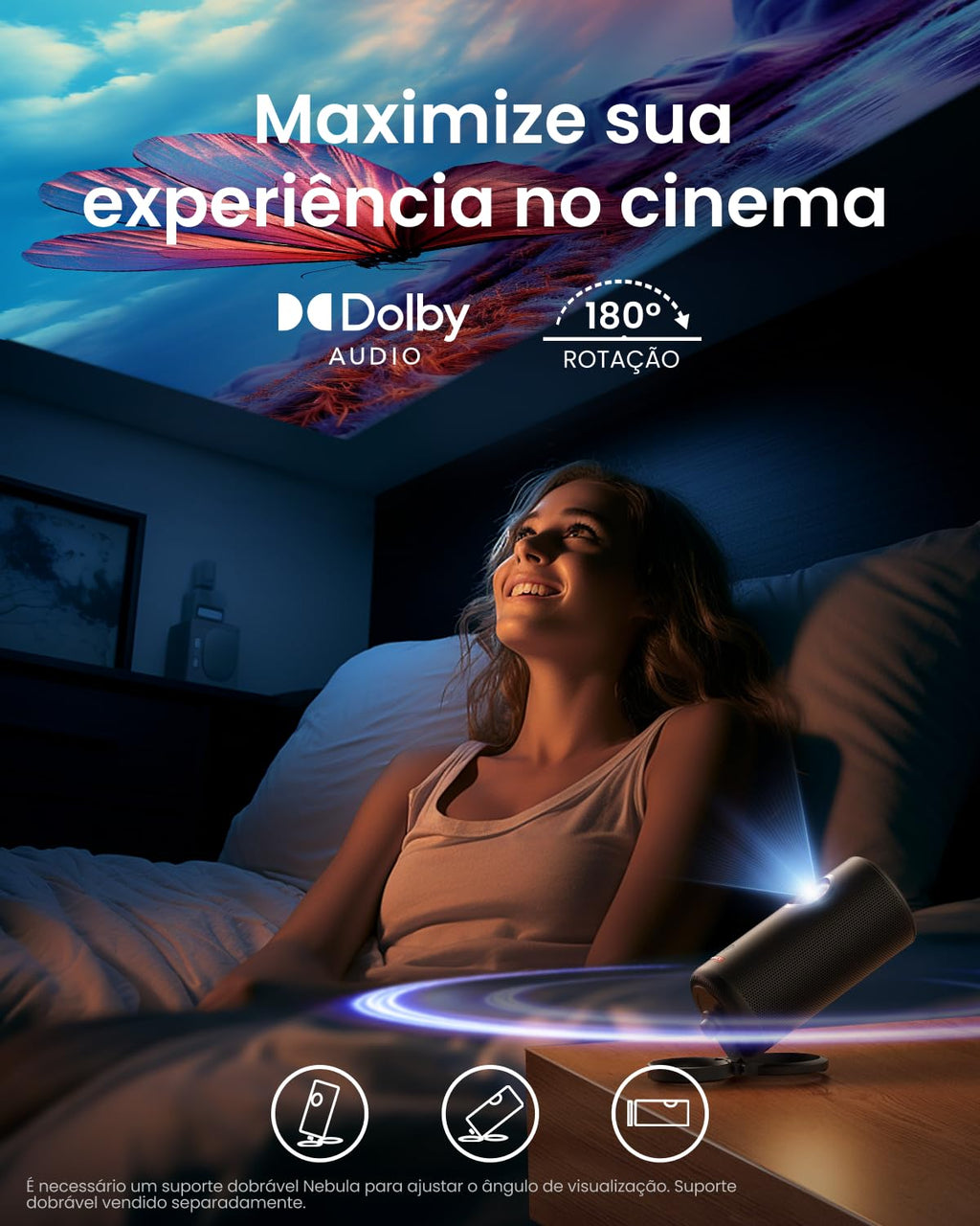 Capsule3 Projector B2C Black Portable Smart Mini Projector, 1080p, Android TV, Auto Keystone, Built-in Battery