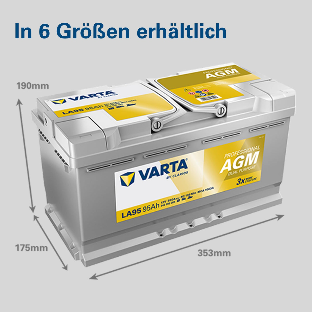 Professional Dual Purpose AGM Batterie LA95 12V 95Ah 850A, wartungsfrei, für Wohnmobile, Wohnwagen, Boote