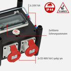 Kompakter Gummi-Stromverteiler, FI-Schalter, LS-Schalter, 2m Kabel, 2x CEE 400V/16A, 5x 230V/16A, im Freien