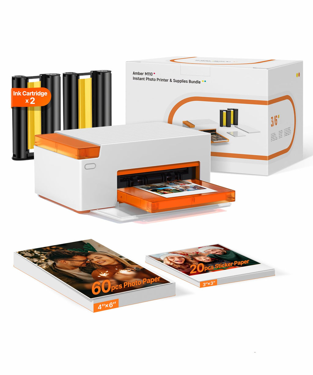 Amber M110 Mini Fotodrucker für Smartphone, Bluetooth, Thermosublimation, 60 Blatt 10x15 Papier, 2 Farbbänder