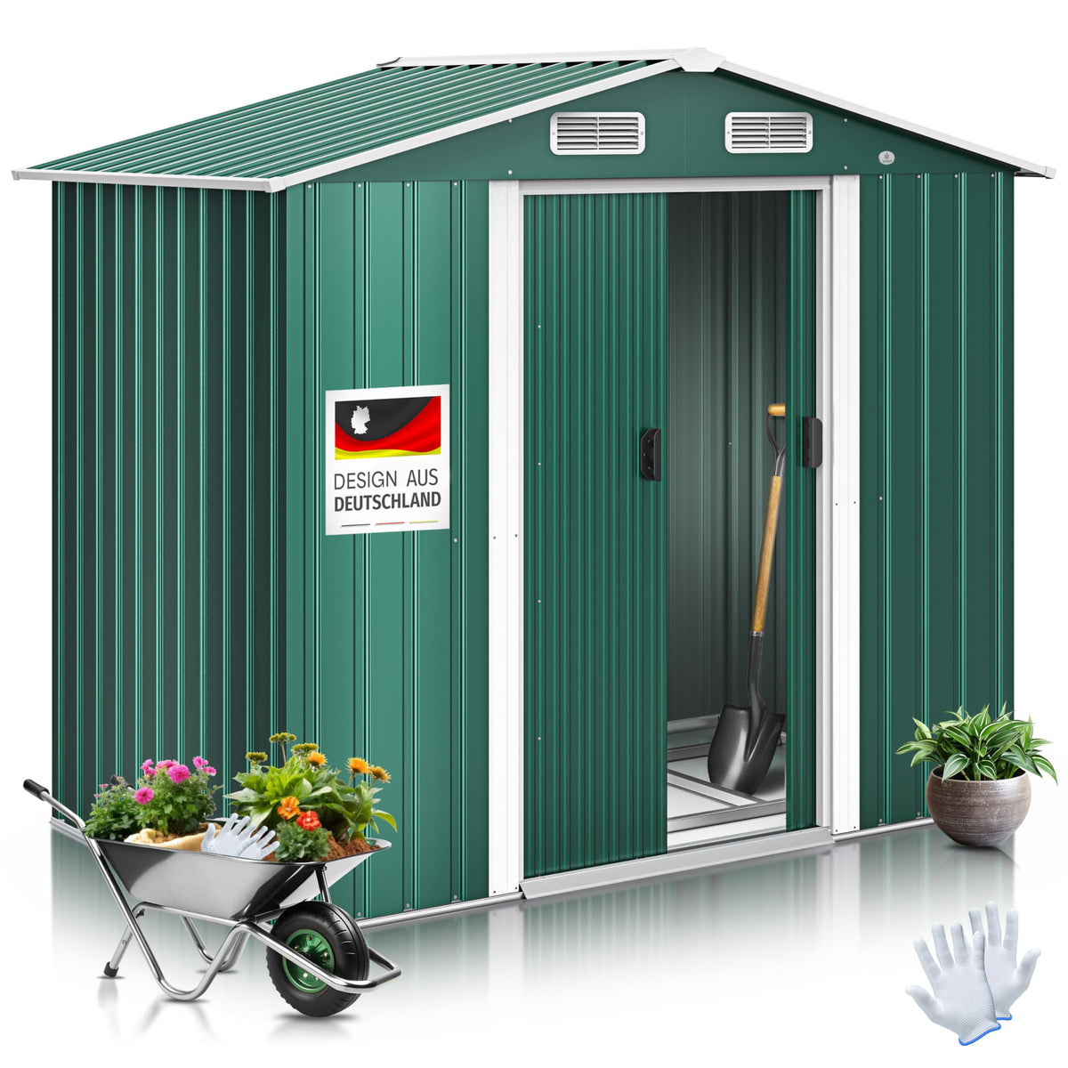 XL Metall Gerätehaus 4,2m³ mit Fundament 195x131x186cm 2x Schiebetür Satteldach Arbeitshandschuhe Grün