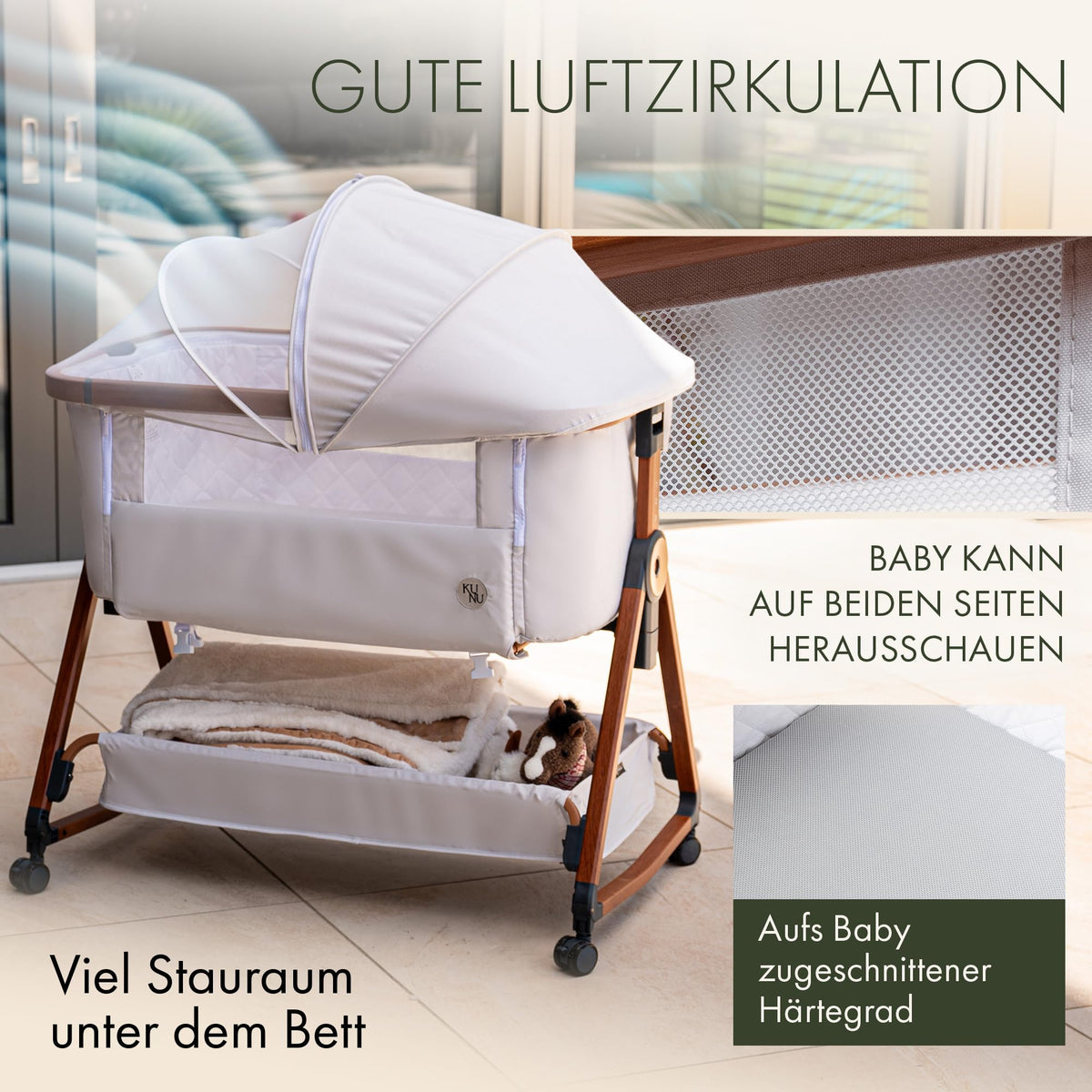 Beistellbett mit Rollen für Boxspringbett, 3 in 1 Stubenwagen und Reisebett höhenverstellbar, inkl Reisetasche