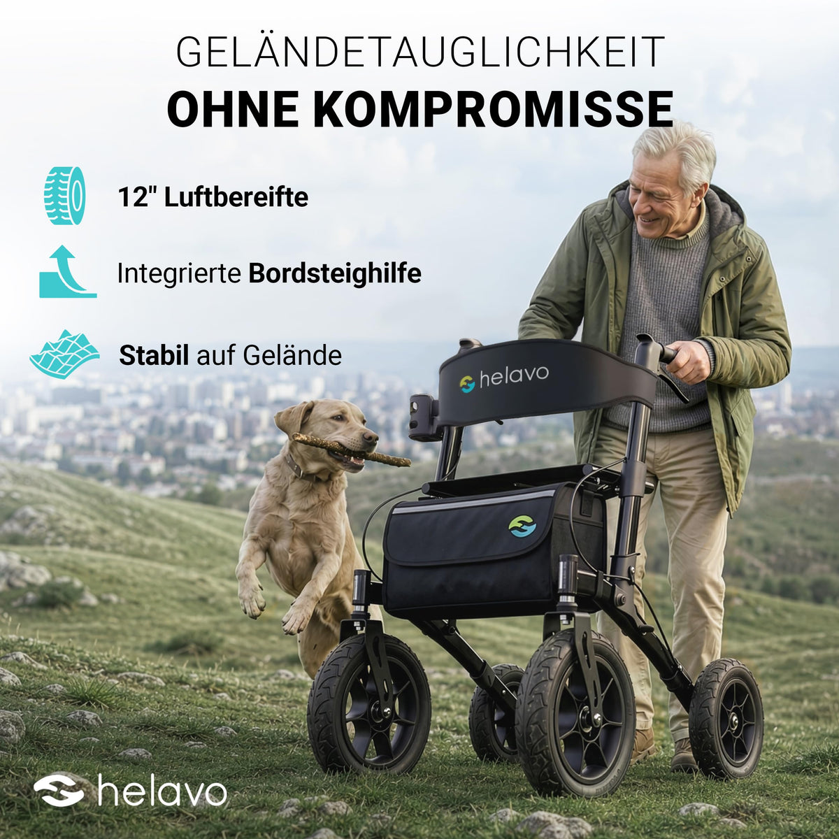Faltbarer Outdoor Rollator mit Luftbereifung für den Außenbereich als Gehhilfe und Mobilitätshilfe