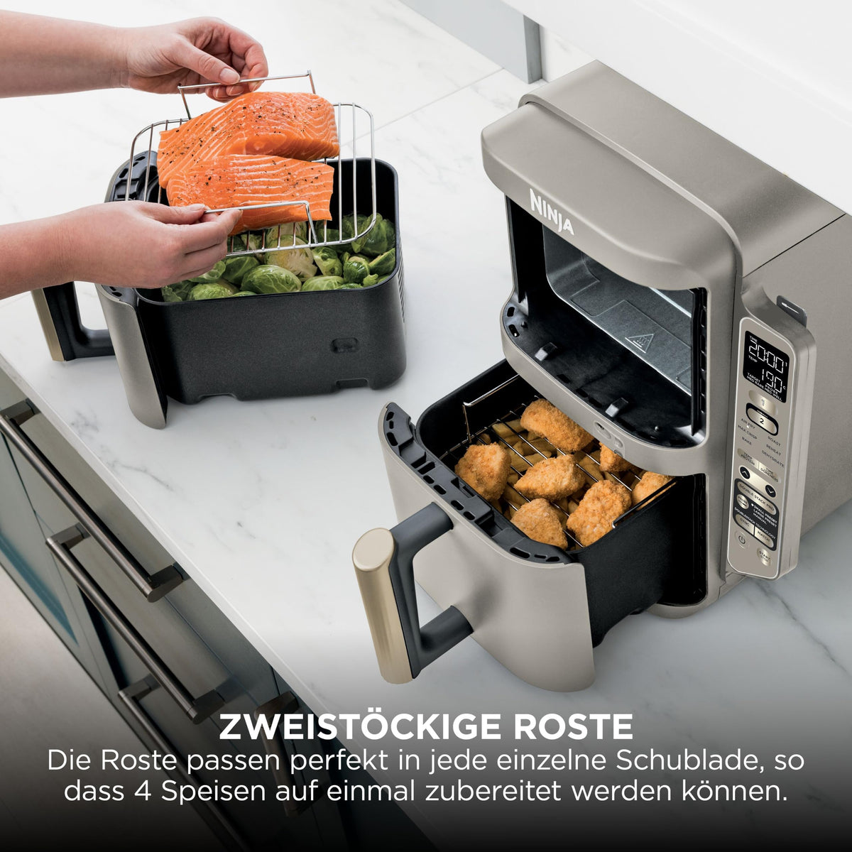 Multifunktionale Double Stack XL Heißluftfritteuse mit 6 Funktionen in Steingold SL451EUSD
