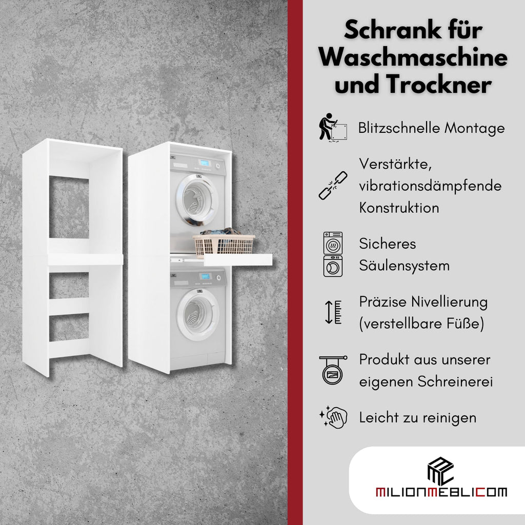 Waschmaschinenschrank für Waschmaschine und Trockner 183,7x65x66cm, ausziehbarer Regalboden, weiß, 18mm Platte