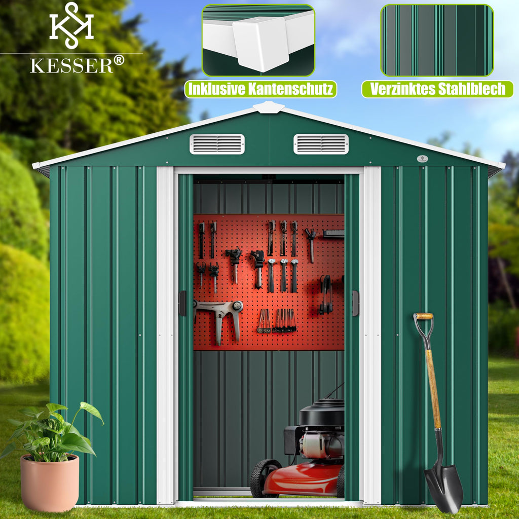 XL Metall Gerätehaus 4,2m³ mit Fundament 195x131x186cm 2x Schiebetür Satteldach Arbeitshandschuhe Grün