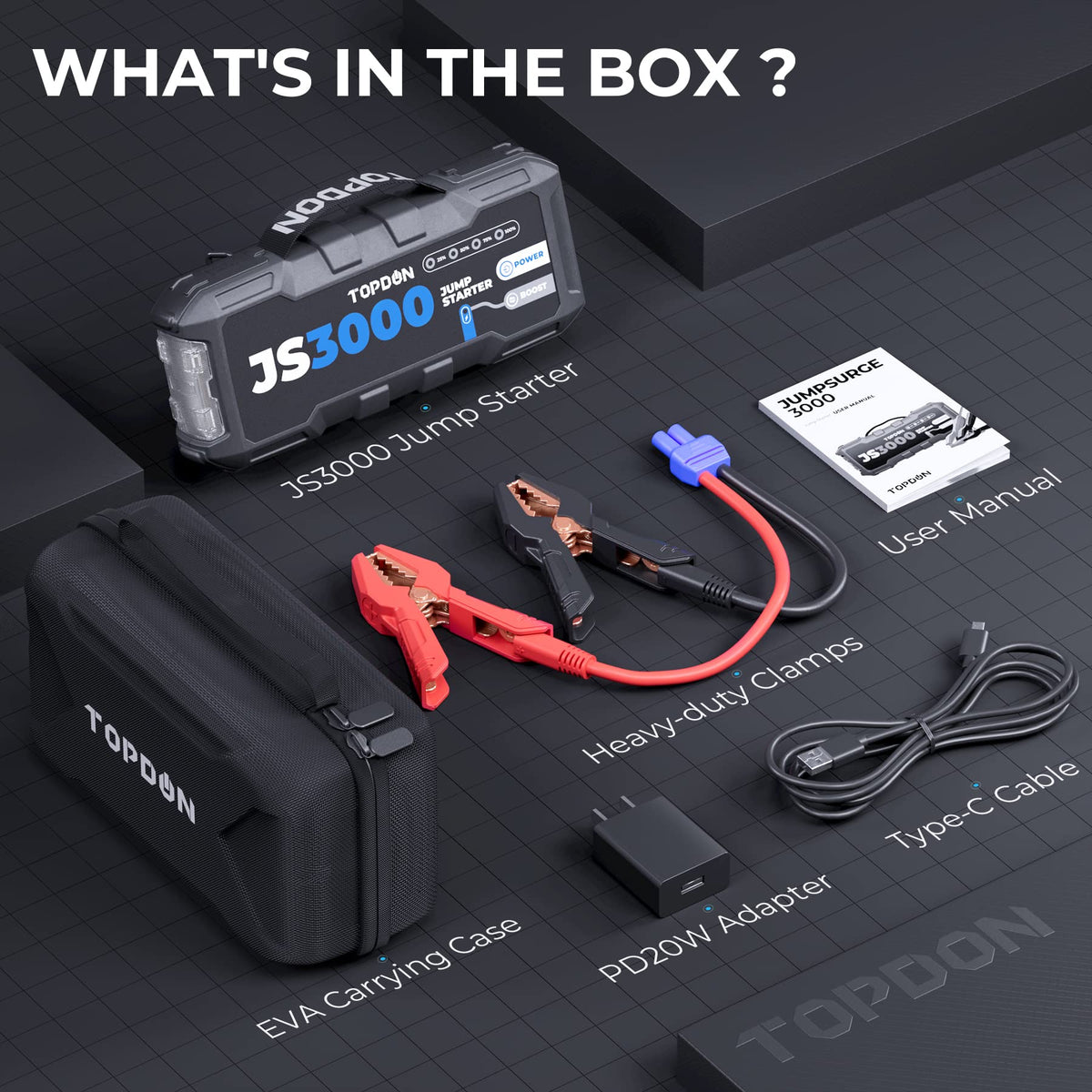 JS3000 Starthilfe Powerbank für Pkw mit 3000A Spitzenstrom für 9L Benzinmotoren und 7L Dieselmotoren