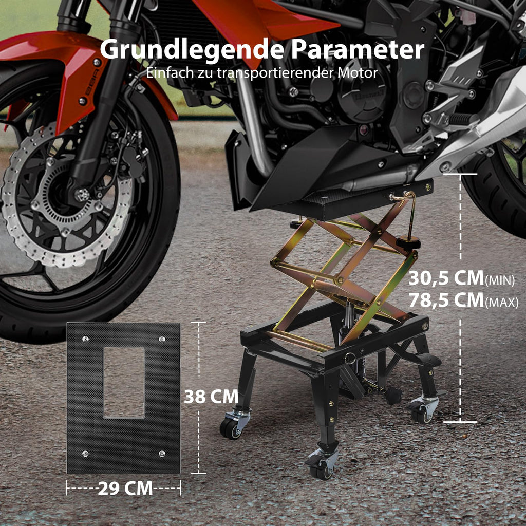 Hydraulischer Motorradheber in Schwarz mit 160 kg Tragkraft und 4 Rollen zum Aufbocken und Transportieren