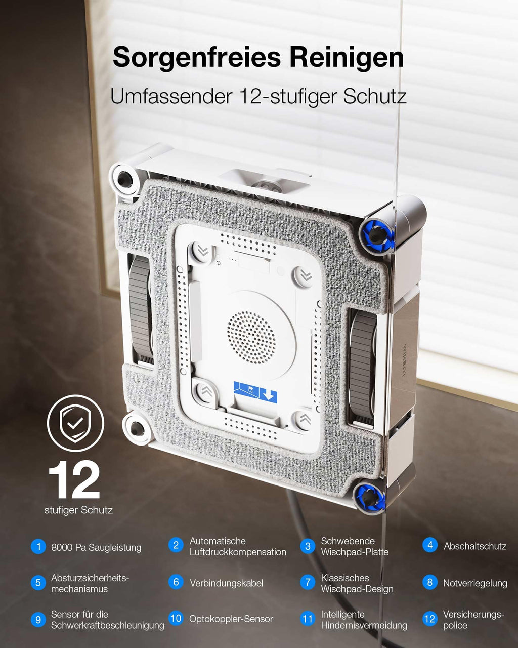 Winbot W3 Omni Fensterputzroboter, Multifunktionsstation, automatische Wischpadreinigung, Randreinigung, App