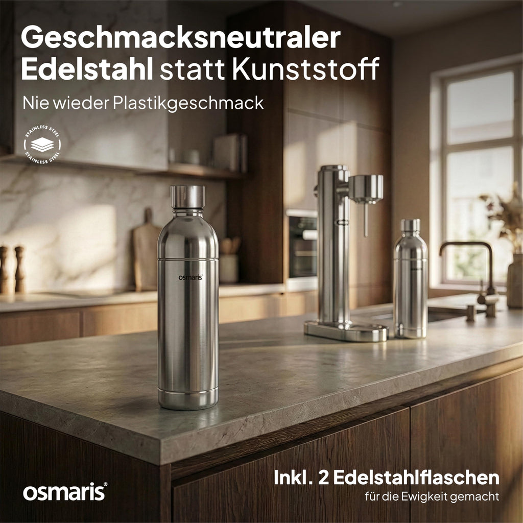 Wassersprudler aus Edelstahl, 2x 1,1 L Edelstahlflaschen, geschmacksneutral, 100% dicht, mit Druckablassventil