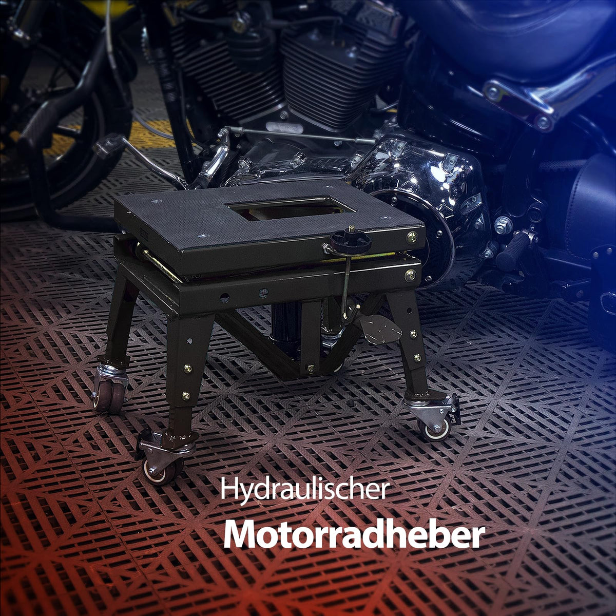 Hydraulischer Motorradheber in Schwarz mit 160 kg Tragkraft und 4 Rollen zum Aufbocken und Transportieren