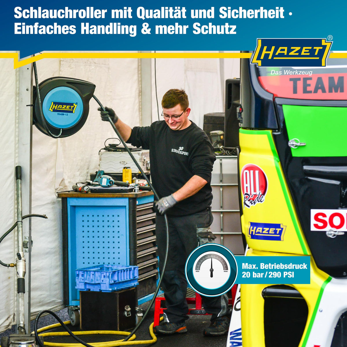 Automatischer Druckluftschlauchaufroller mit 15 m Schlauch und 10 mm Innendurchmesser Modell 9040N10