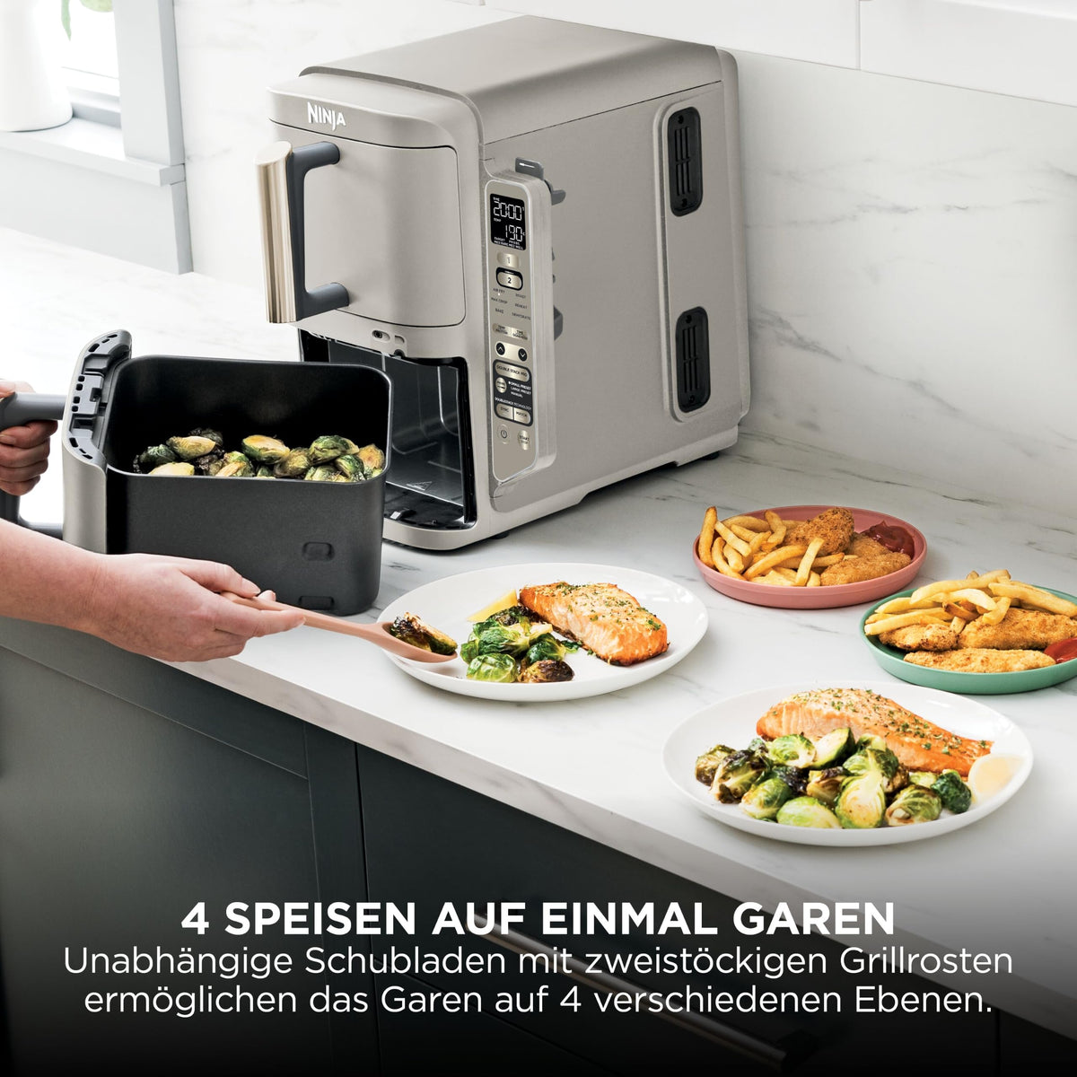 Multifunktionale Double Stack XL Heißluftfritteuse mit 6 Funktionen in Steingold SL451EUSD