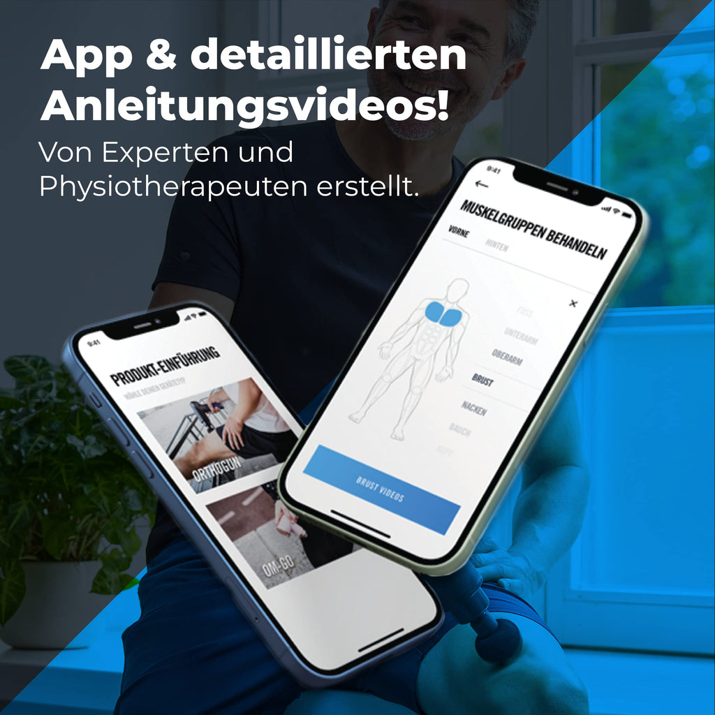 Massagepistole OrthoGun 3.0 mit App, 7 Aufsätzen und Koffer, 160W Motor, 5 Intensitäten, 360 Minuten Laufzeit