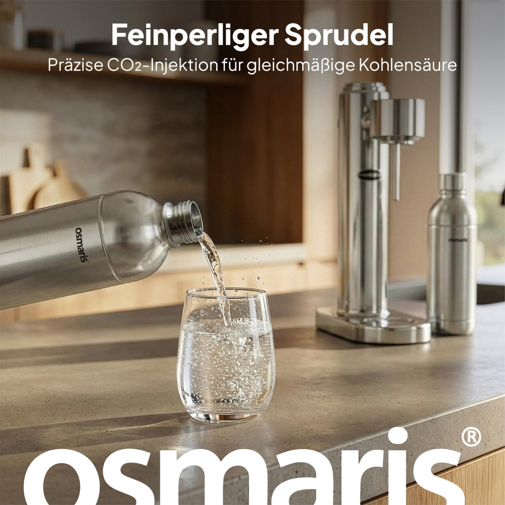 Wassersprudler aus Edelstahl, 2x 1,1 L Edelstahlflaschen, geschmacksneutral, 100% dicht, mit Druckablassventil