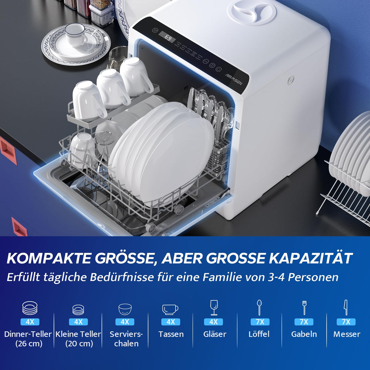 Platzsparender Mini Tischgeschirrspüler mit 5+1 Programmen und Energieklasse D für Zuhause