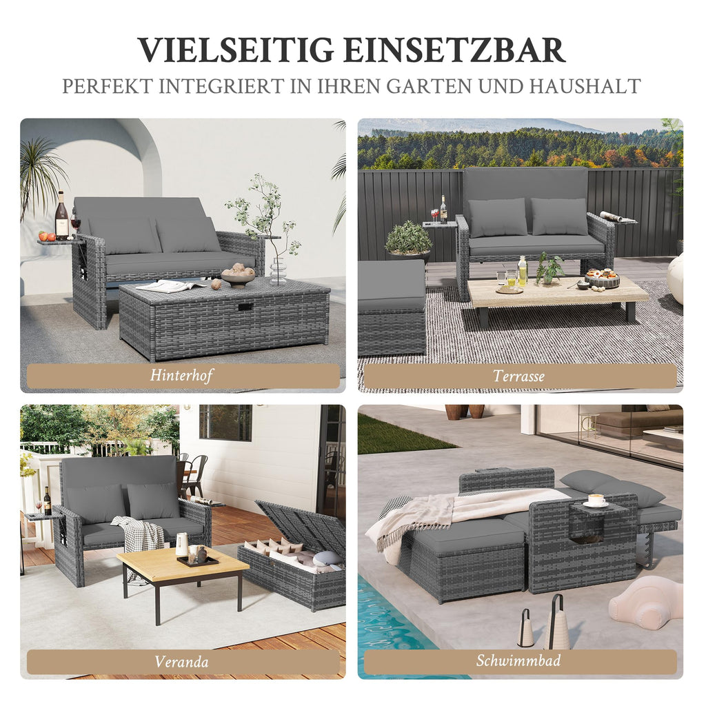 Rattan Gartenlounge Set 2 Sitzer Gartensofa Auflagenbox verstellbare Rückenlehne wetterfest Hocker Kissen Grau