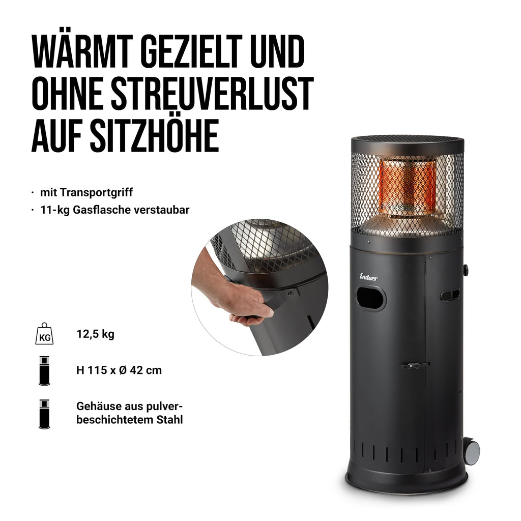 Gas Terrassenheizer Polo Black 2.0 stufenlos regulierbar Reflektionssystem Transporträder Umkippsicherung