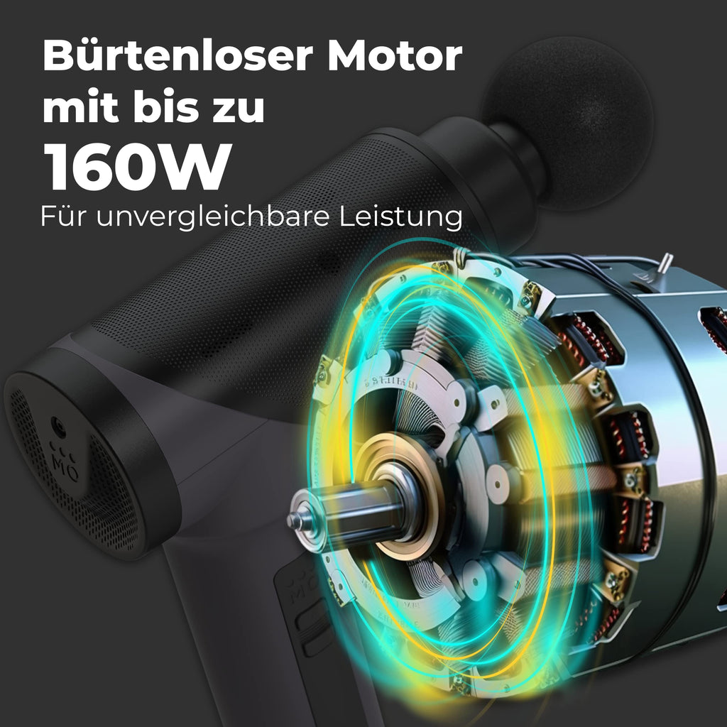 Massagepistole OrthoGun 3.0 mit App, 7 Aufsätzen und Koffer, 160W Motor, 5 Intensitäten, 360 Minuten Laufzeit