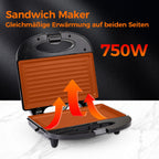 Doppel Sandwichmaker 750 W Antihaftbeschichtung Streifenform schnell aufheizbar Isoliergriff Schwarz