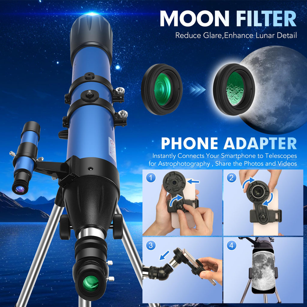 Astronomisches Refraktorteleskop 90mm Blende 800mm AZ Mount für Erwachsene und Kinder Anfänger mit Stativ