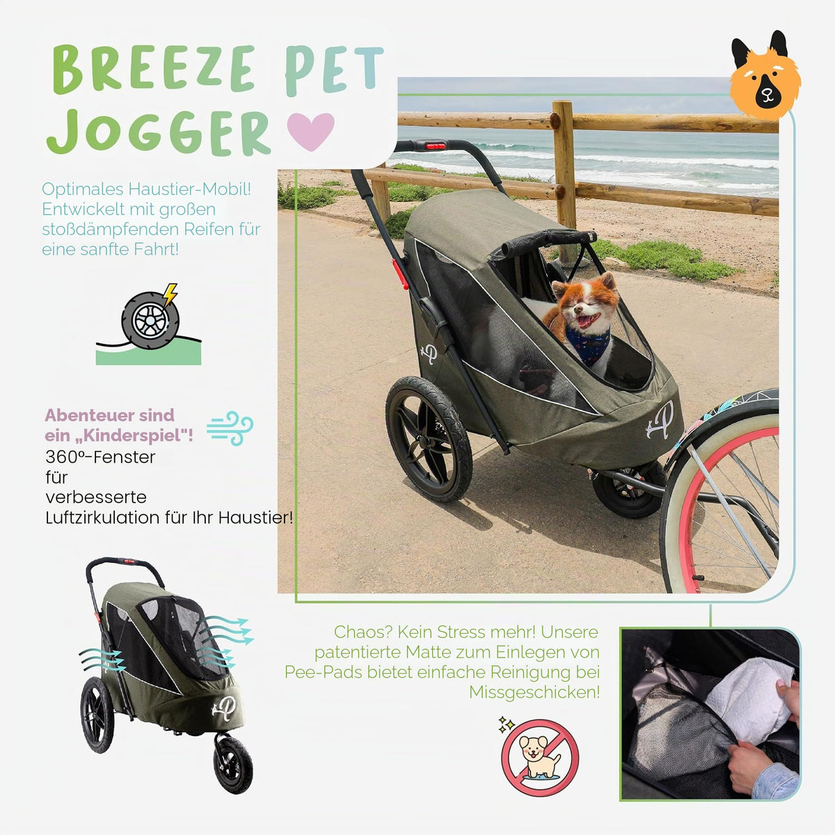 Breeze Große Hundebuggy Hundewagen mit Luftreifen wandelbar zum Fahrradanhänger für Hunde Schwarz 1 Stück