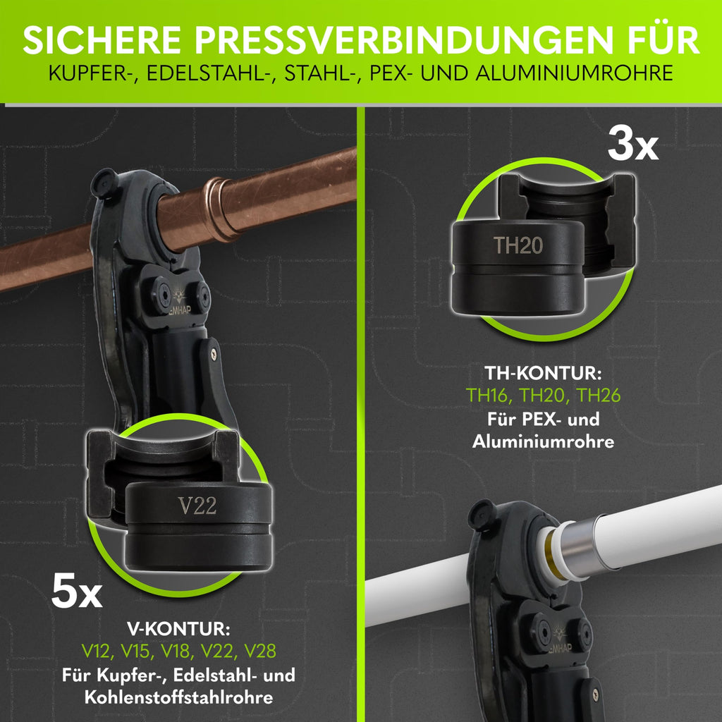Hydraulische Presszange TH V Kontur für Kupferrohr Aluverbundrohr Edelstahlrohr inkl. Rohrschneider Entgrater