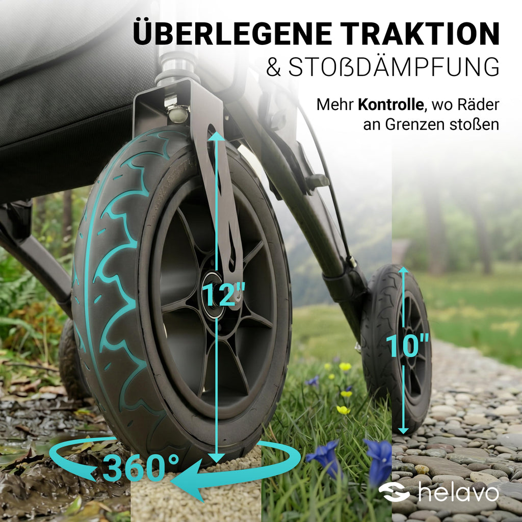 Faltbarer Outdoor Rollator mit Luftbereifung für den Außenbereich als Gehhilfe und Mobilitätshilfe