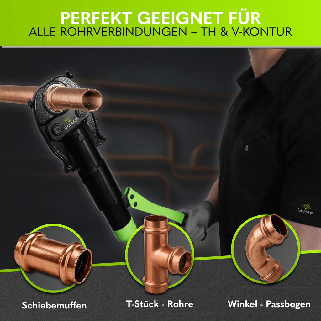 Hydraulische Presszange TH V Kontur für Kupferrohr Aluverbundrohr Edelstahlrohr inkl. Rohrschneider Entgrater