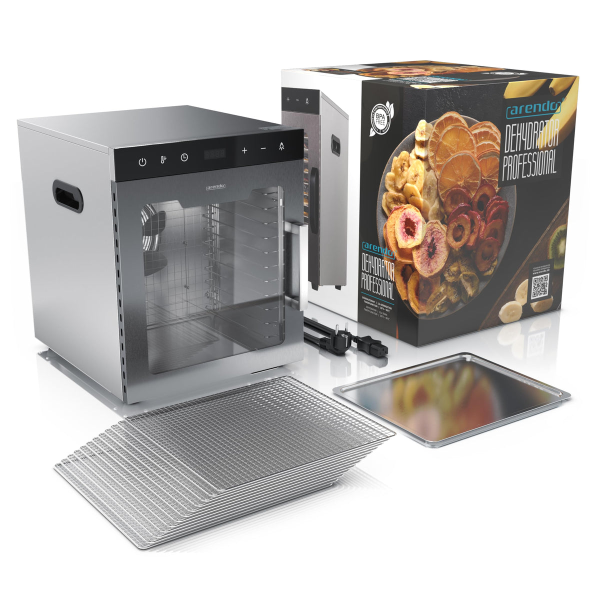 Dörrautomat aus Edelstahl mit 12 Edelstahltabletts, 800 W, 30 bis 90°C, 10000 cm², für Obst, Fleisch, Pilze