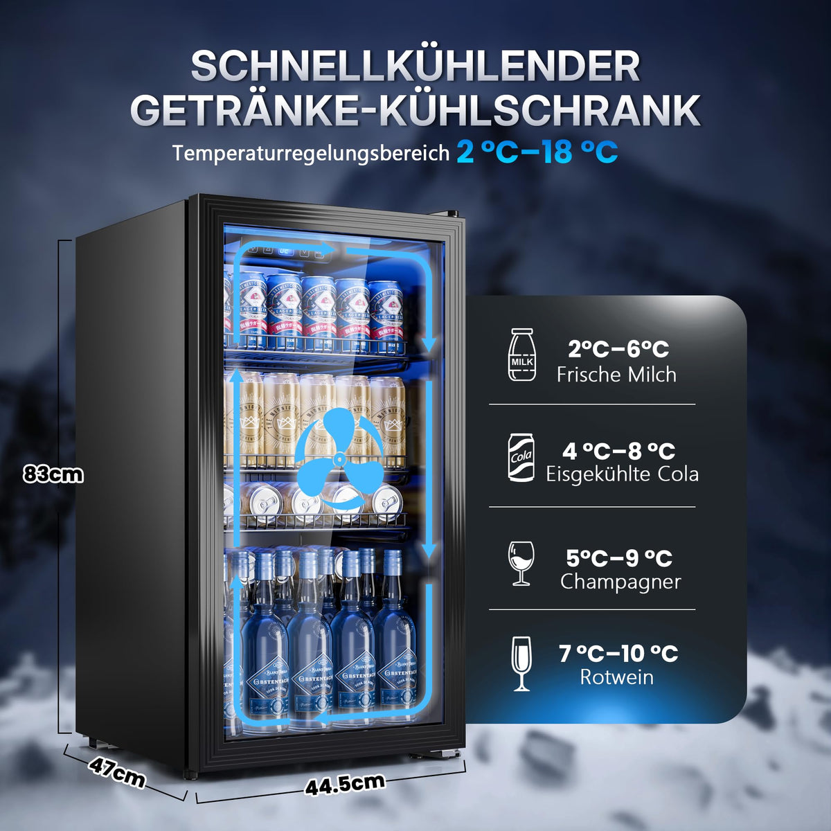Mini Getränkekühlschrank 90L mit Glasfront für bis zu 128 Dosen mit verstellbaren Regalen Energieklasse C