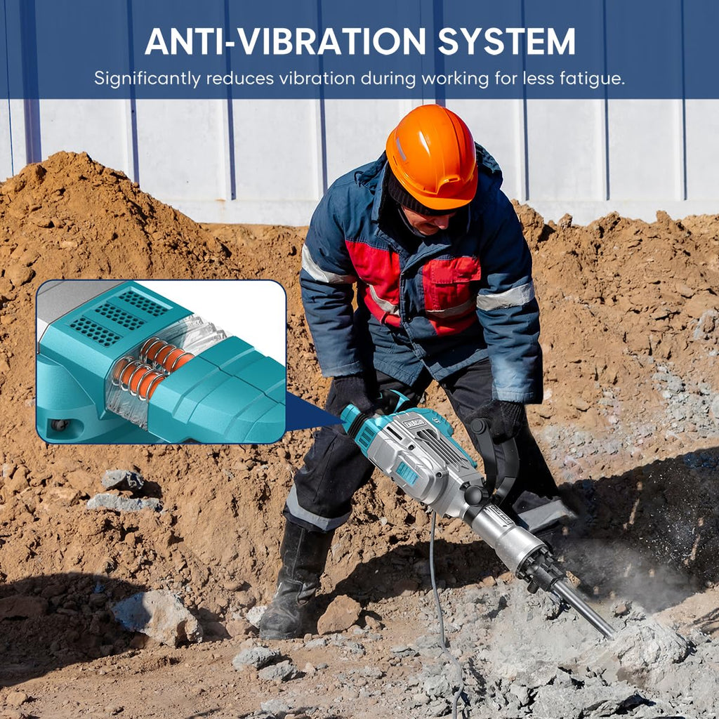 Abbruchhammer 1700W SDS Hex Stemmhammer 65 J Betonbrecher Antivibrationsgriff 2 Meißel Transportbox mit Rollen