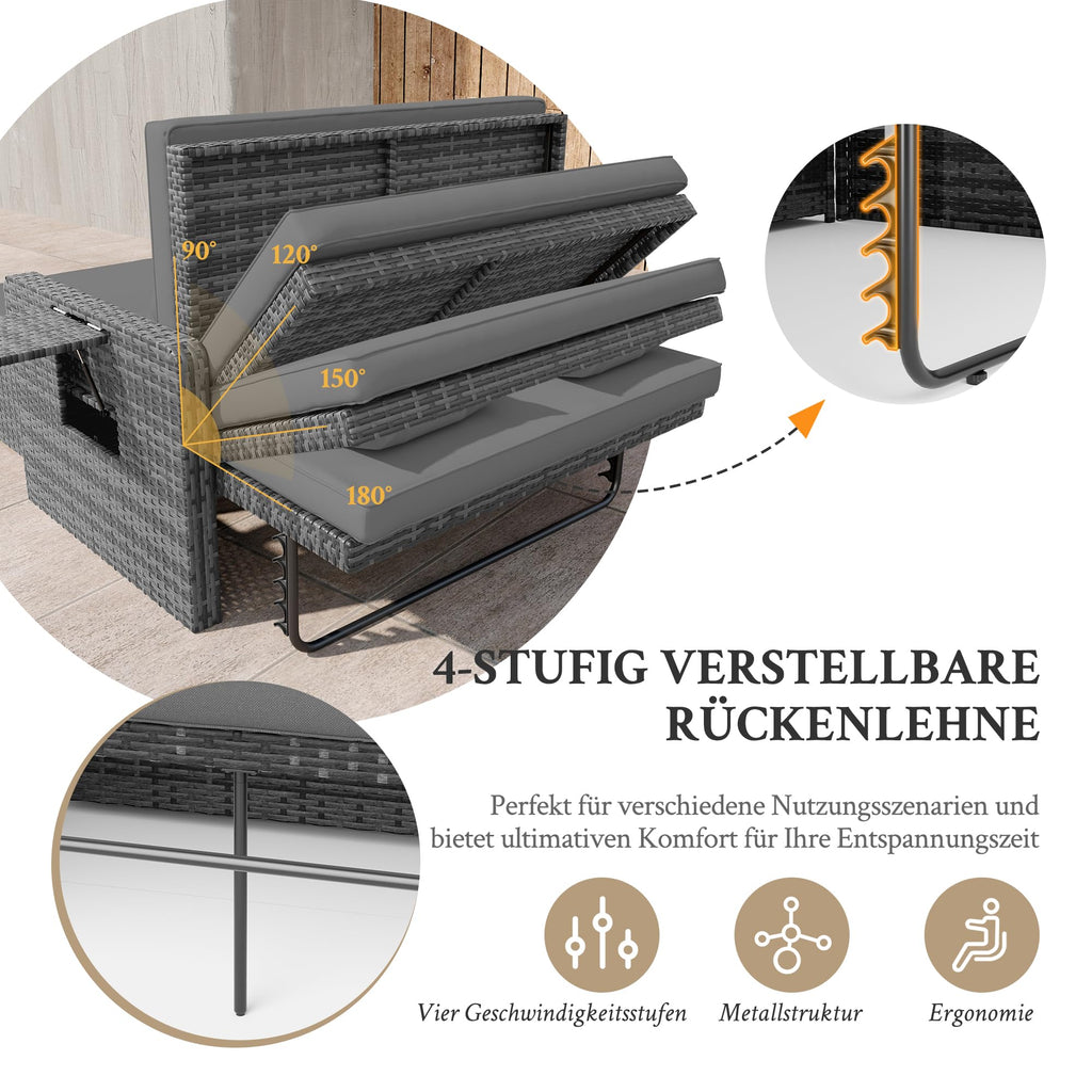 Rattan Gartenlounge Set 2 Sitzer Gartensofa Auflagenbox verstellbare Rückenlehne wetterfest Hocker Kissen Grau