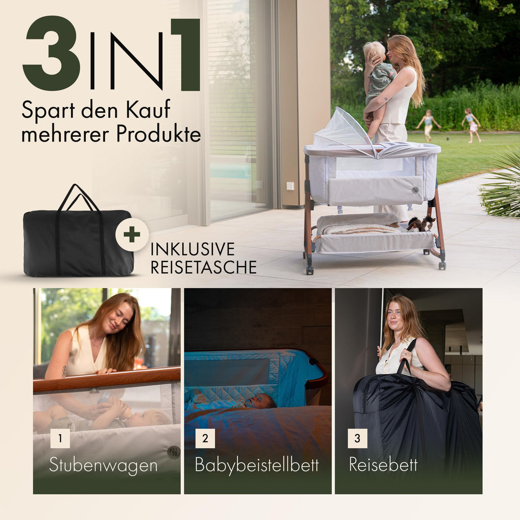 Beistellbett mit Rollen für Boxspringbett, 3 in 1 Stubenwagen und Reisebett höhenverstellbar, inkl Reisetasche