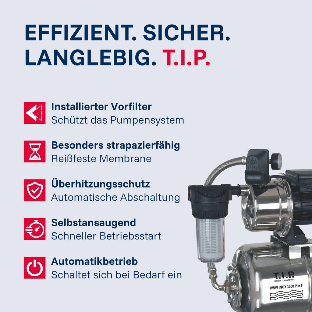 Hauswasserwerk HWW INOX 1300 Plus F, Druckkessel, 1200W, selbstansaugende Jetpumpe, 4350 l/h, 50m Förderhöhe