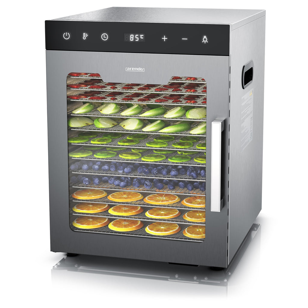 Dörrautomat aus Edelstahl mit 12 Edelstahltabletts, 800 W, 30 bis 90°C, 10000 cm², für Obst, Fleisch, Pilze