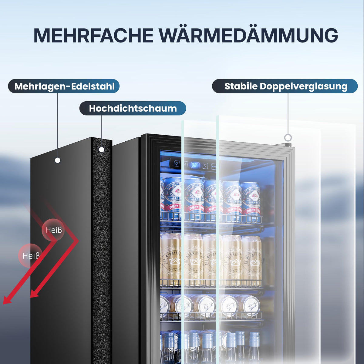 Mini Getränkekühlschrank 90L mit Glasfront für bis zu 128 Dosen mit verstellbaren Regalen Energieklasse C