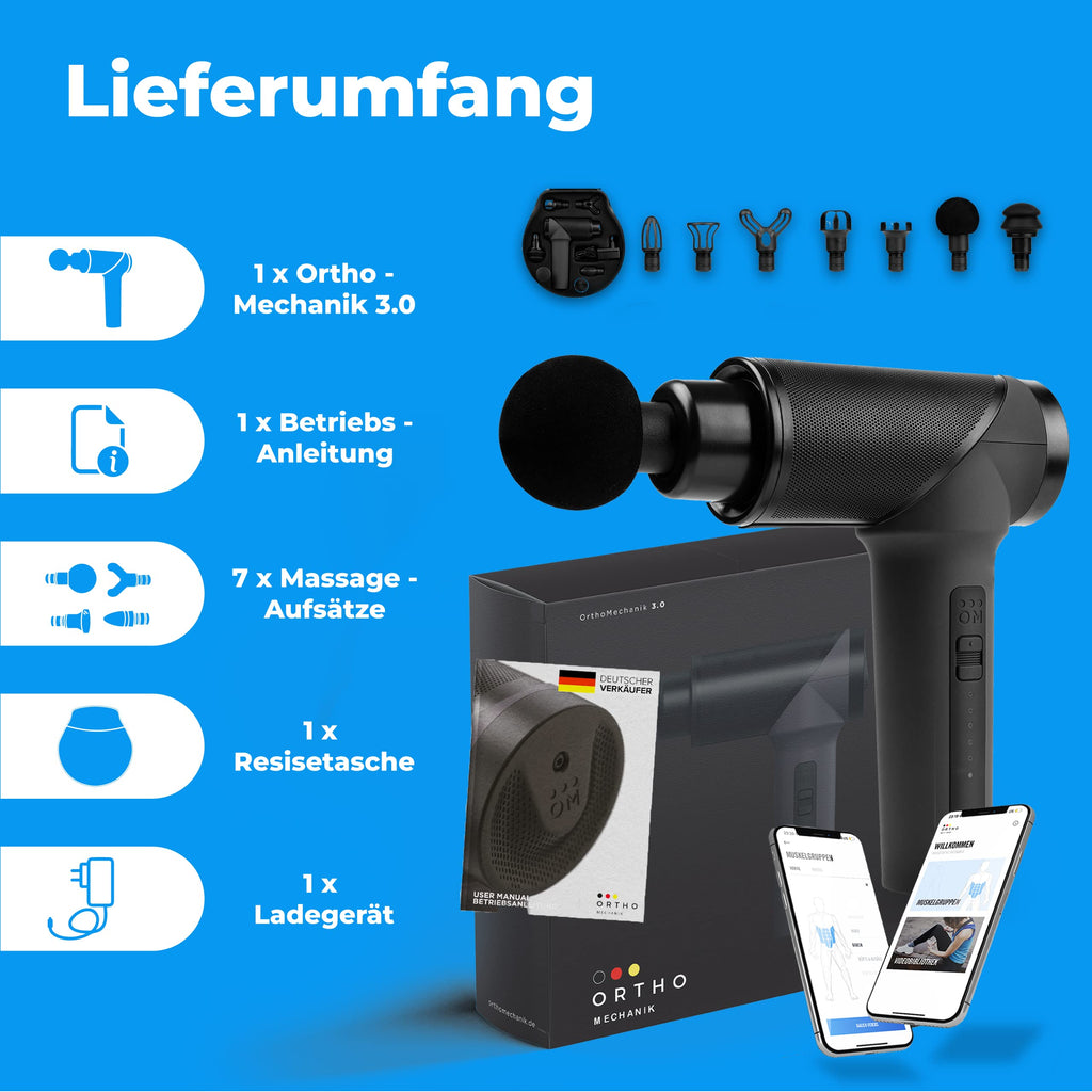 Massagepistole OrthoGun 3.0 mit App, 7 Aufsätzen und Koffer, 160W Motor, 5 Intensitäten, 360 Minuten Laufzeit
