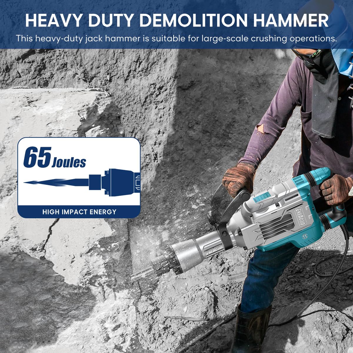 Abbruchhammer 1700W SDS Hex Stemmhammer 65 J Betonbrecher Antivibrationsgriff 2 Meißel Transportbox mit Rollen