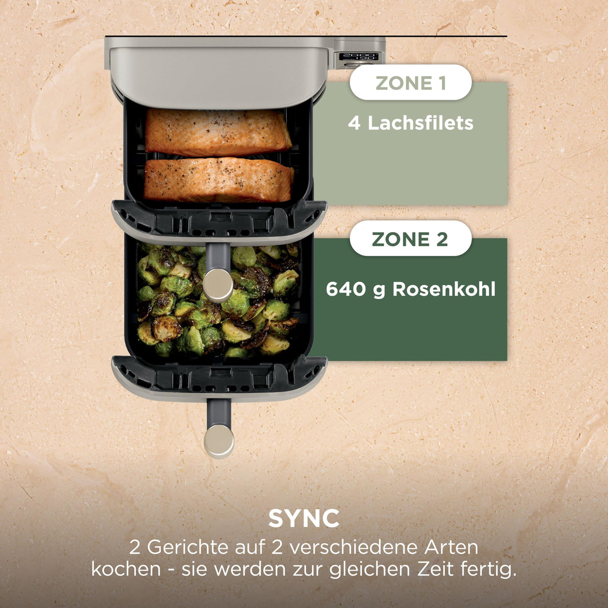 Multifunktionale Double Stack XL Heißluftfritteuse mit 6 Funktionen in Steingold SL451EUSD