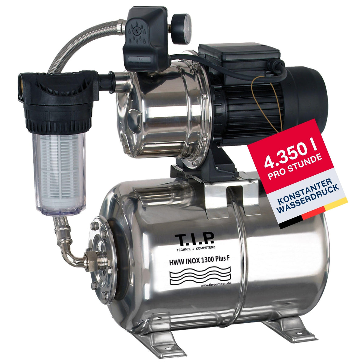 Hauswasserwerk HWW INOX 1300 Plus F, Druckkessel, 1200W, selbstansaugende Jetpumpe, 4350 l/h, 50m Förderhöhe